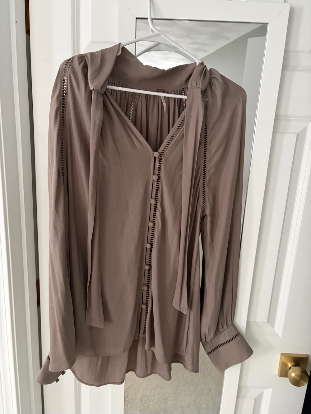 Free People Mauve-Taupe Tie Neck Ladder-Trim Blouse